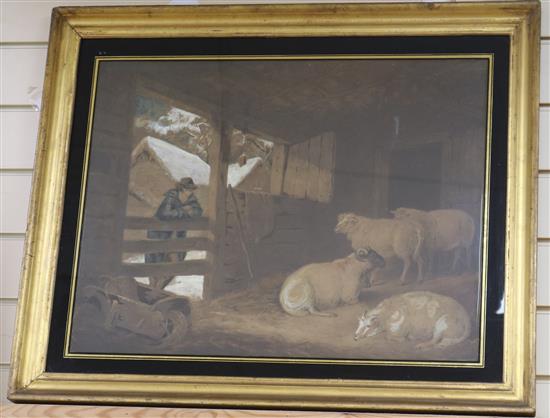 After George Morland, three coloured mezzotints, cottage interior, sheep in barn and cattle, 17.5 x 23.5in.